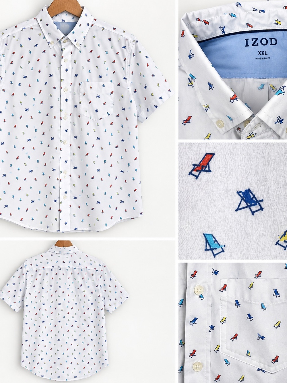 Izod White Short-Sleeve Button-Down Shirt with Red, Blue, Yellow Deckchair Print